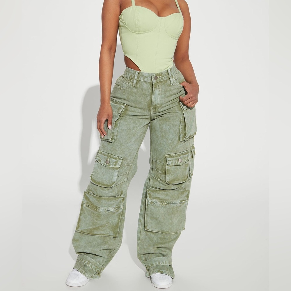 Fashion Nova Acid Wash Green Cargo Pants Size 3